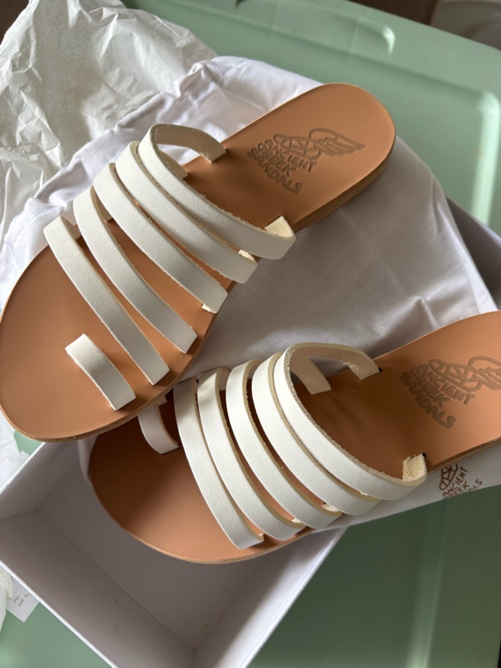 Ancient Greek Sandals White Multi-Strap Leather Slide with Tan Footbed